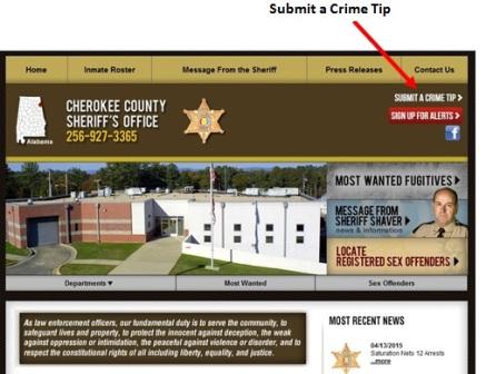 Cherokee County Sheriff's Office website home page with the new submit a crime tip button above the red signup for alerts button