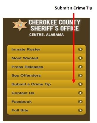 cherokee county sheriff's office mobile website with a red arrow showing the new submit a crime tip button