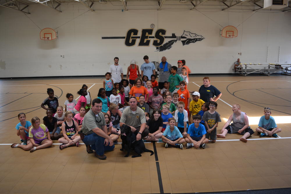 Students at Centre Elementary School with Cherokee County investigators and Keelo